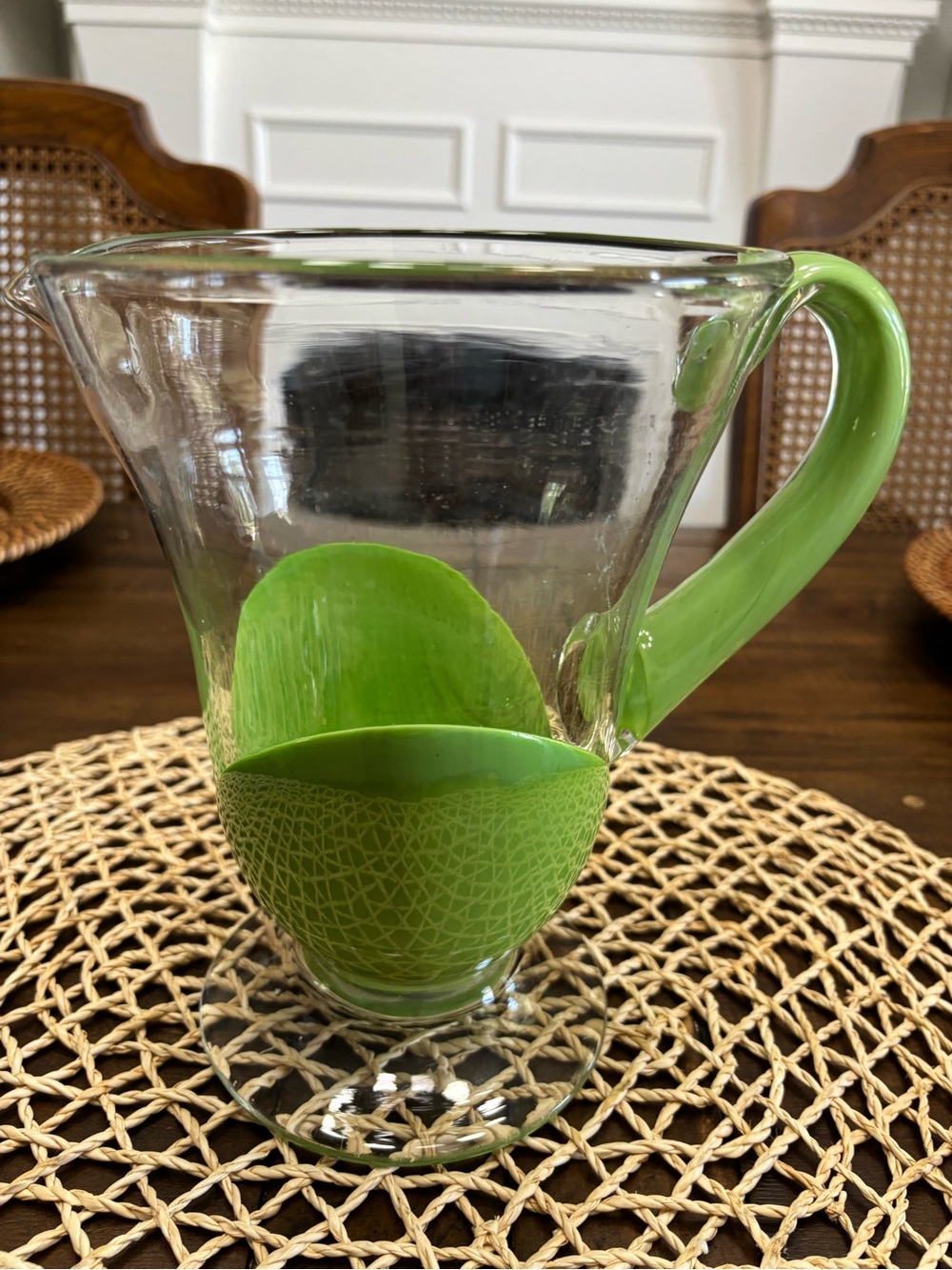 Heavy vintage Mcm retro green and clear glass pitcher